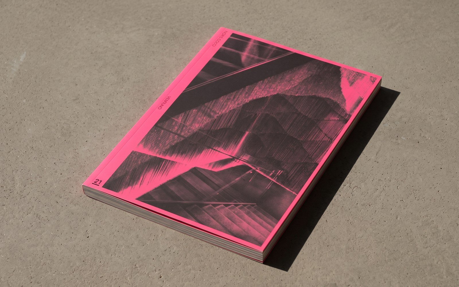 Mock-up del libro appoggiato di sbieco su un piano di cemento al sole: copertina rosa fluorescente con dentro una fotografia in duotone nero su rosa, il numero 21 in basso a sinistra e titolo e autore in verticale lungo il dorso.